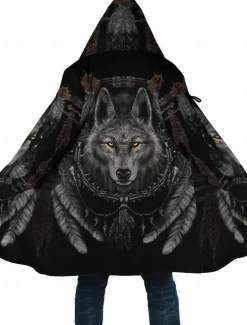 Sale OUKU Men's Animal Wolf Graphic Prints Winter Coat Fleece Jacket Coat Warm Breathable Comfortable Fashion Streetwear Sport Sports & Outdoor Daily Wear Going out Zipper Pocket Print Fall & Winter Hoodie Black