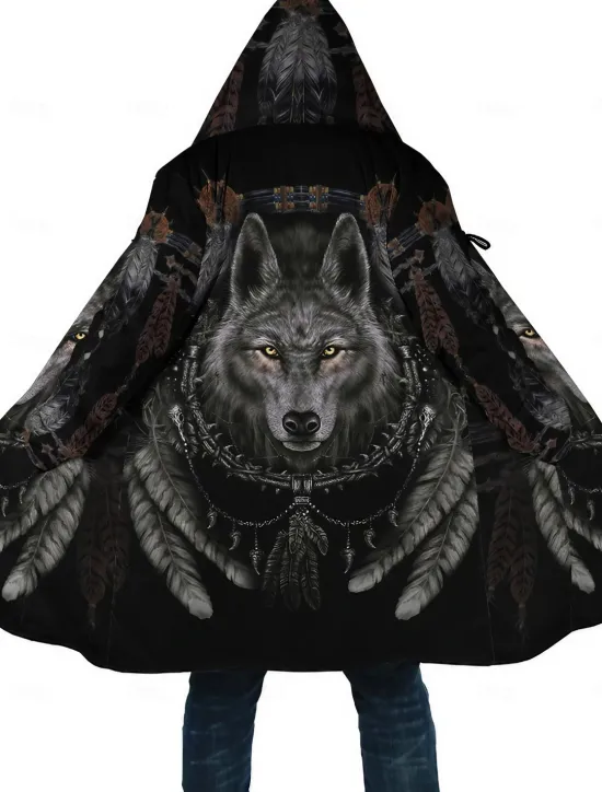 Sale OUKU Men's Animal Wolf Graphic Prints Winter Coat Fleece Jacket Coat Warm Breathable Comfortable Fashion Streetwear Sport Sports & Outdoor Daily Wear Going out Zipper Pocket Print Fall & Winter Hoodie Black