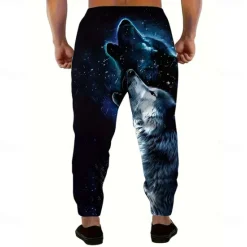 OUKU Men's Animal Wolf Halloween Costumes Sweatpants Joggers Trousers Mid Waist Drawstring Elastic Waist Dark Punk Gothic Style Jogging Streetwear Workout Athletic Sweatpants with Pockets Spring Fall 3D