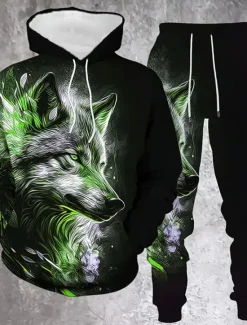 Sale OUKU Men's Animal Wolf 2pcs 3D Sweatshirt Sets Tracksuit Hoodie Sweatshirt Long Sleeve Long pants Hooded Casual Daily Athleisure Daily Wear 3D Print Spring Fall Winter Orange Green