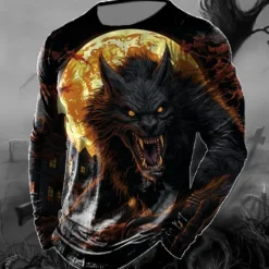 Discount OUKU Men's Animal Wolf T Shirt Long Sleeve T shirt 3D Print Crew Neck Shirt Vintage Fashion Designer Outdoor Halloween Daily Yellow Red Blue Spring & Fall Clothing Apparel S M L XL 2XL 3XL 4XL