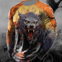 Discount OUKU Men's Animal Wolf T Shirt Long Sleeve T shirt 3D Print Crew Neck Shirt Vintage Fashion Designer Outdoor Halloween Daily Yellow Red Blue Spring & Fall Clothing Apparel S M L XL 2XL 3XL 4XL