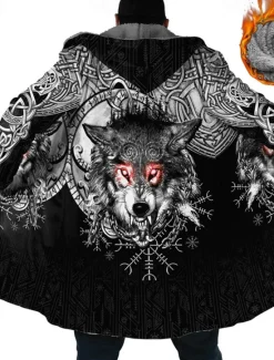Online OUKU Men's Animal Wolf Winter Coat Fleece Jacket Coat Warm Breathable Comfortable Fashion Streetwear Sport Sports & Outdoor Daily Wear Going out Zipper Pocket Print Fall & Winter Hoodie Long Sleeve Black