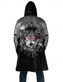 Online OUKU Men's Animal Wolf Winter Coat Fleece Jacket Coat Warm Breathable Comfortable Fashion Streetwear Sport Sports & Outdoor Daily Wear Going out Zipper Pocket Print Fall & Winter Hoodie Long Sleeve Black