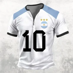 Sale OUKU Men's Argentina Soccer T Shirt Short Sleeve T shirt 3D Print Half Zip Shirt Retro Vintage Street Casual Daily Light Blue White Summer Spring Clothing Apparel S M L XL XXL XXXL