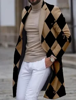 Outlet OUKU Men's Argyle Winter Coat Overcoat Coat Warm Breathable Comfortable Business Work Wear to work Going out Pocket Print Fall & Winter Stand Collar Long Sleeve White Blue Purple