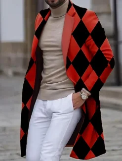 Outlet OUKU Men's Argyle Winter Coat Overcoat Coat Warm Breathable Comfortable Business Work Wear to work Going out Pocket Print Fall & Winter Stand Collar Long Sleeve White Blue Purple