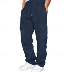 Discount OUKU Men's Athletic Pants Trousers Cargo Sweatpants Pleated Pants Drawstring Elastic Waist Multi Pocket Plain Comfort Sports Outdoor Daily Fashion Casual Black Navy Blue Micro-elastic
