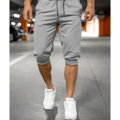 New OUKU Men's Athletic Shorts Capri Pants Sweat Shorts Summer Shorts Pocket Drawstring Elastic Waist Plain Comfort Breathable Calf-Length Outdoor Sports Classic Casual Black Light Grey
