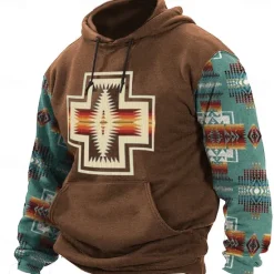 Clearance OUKU Men's Aztec Cowboy Hoodies Sweatshirt Ethnic Cowboy Long Sleeve Crew Neck Holiday Streetwear Black Blue Drawstring Fall Winter Designer