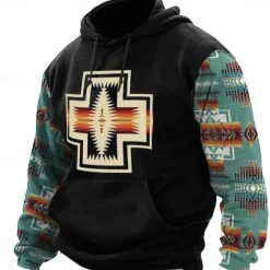 Clearance OUKU Men's Aztec Cowboy Hoodies Sweatshirt Ethnic Cowboy Long Sleeve Crew Neck Holiday Streetwear Black Blue Drawstring Fall Winter Designer