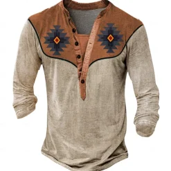 New OUKU Men's Aztec Cowboy T Shirt Henley Shirt Long Sleeve 3D Print Designer Retro Vintage Western Style Street Casual Daily Summer Spring Fall Black Brown Green Gray Henley Henley T-Shirt
