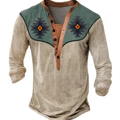 New OUKU Men's Aztec Cowboy T Shirt Henley Shirt Long Sleeve 3D Print Designer Retro Vintage Western Style Street Casual Daily Summer Spring Fall Black Brown Green Gray Henley Henley T-Shirt