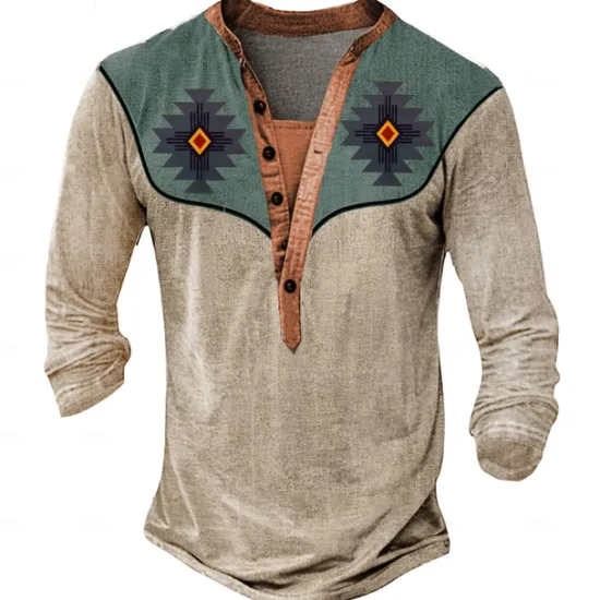 New OUKU Men's Aztec Cowboy T Shirt Henley Shirt Long Sleeve 3D Print Designer Retro Vintage Western Style Street Casual Daily Summer Spring Fall Black Brown Green Gray Henley Henley T-Shirt