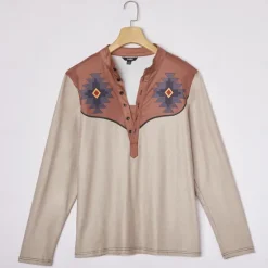 New OUKU Men's Aztec Cowboy T Shirt Henley Shirt Long Sleeve 3D Print Designer Retro Vintage Western Style Street Casual Daily Summer Spring Fall Black Brown Green Gray Henley Henley T-Shirt