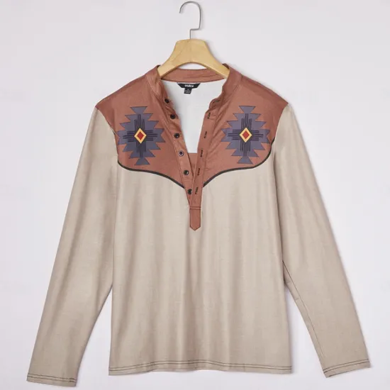 New OUKU Men's Aztec Cowboy T Shirt Henley Shirt Long Sleeve 3D Print Designer Retro Vintage Western Style Street Casual Daily Summer Spring Fall Black Brown Green Gray Henley Henley T-Shirt