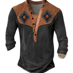 New OUKU Men's Aztec Cowboy T Shirt Henley Shirt Long Sleeve 3D Print Designer Retro Vintage Western Style Street Casual Daily Summer Spring Fall Black Brown Green Gray Henley Henley T-Shirt