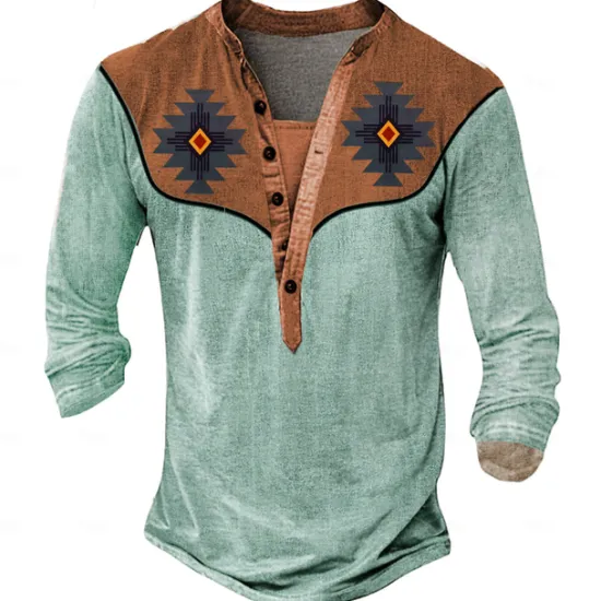 New OUKU Men's Aztec Cowboy T Shirt Henley Shirt Long Sleeve 3D Print Designer Retro Vintage Western Style Street Casual Daily Summer Spring Fall Black Brown Green Gray Henley Henley T-Shirt