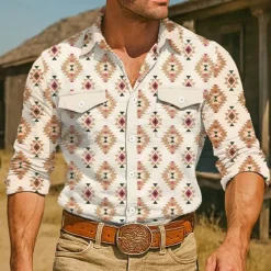 New OUKU Men's Aztec Ethnic Western Shirt Button Up Shirt Cowboy Shirt Long Sleeve Vintage Retro Outdoor Holiday Summer Spring Fall Turndown Collared Shirts Front Two Pockets Blue Green Apricot