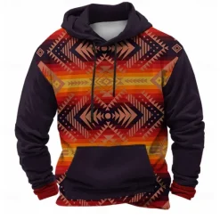 Online OUKU Men's Aztec Hoodies Sweatshirt Ethnic Cowboy Long Sleeve Crew Neck Holiday Streetwear Drawstring Fall Winter Designer Red