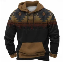 New OUKU Men's Aztec Hoodies Sweatshirt Ethnic Cowboy Long Sleeve Crew Neck Holiday Streetwear Drawstring Fall Winter Designer Brown