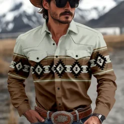 Online OUKU Men's Aztec Indian Culture Shirt Western Shirt Cowboy Shirt Long Sleeve Vintage Western Style Tribal Outdoor Daily WorkWear Fall & Winter Turndown 3D Print Front Two Pockets Button Up Shirts Red Brown