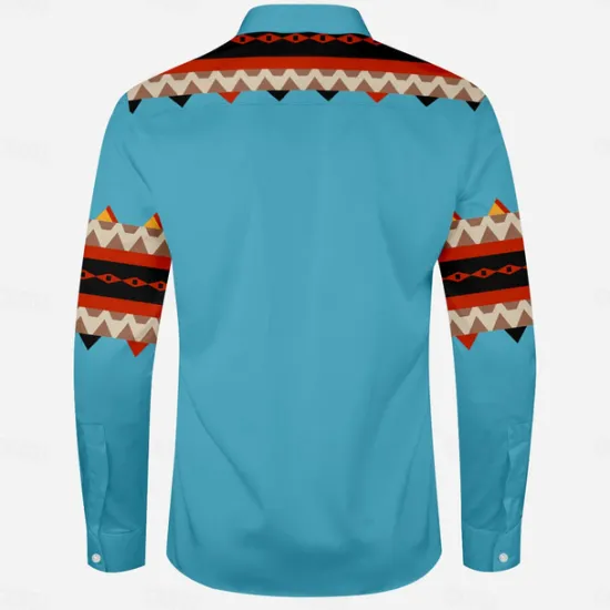 OUKU Men's Aztec Shirt Western Shirt Cowboy Shirt Long Sleeve Western Style Tribal Shirt Collar Blue