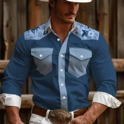 Hot OUKU Men's Aztec Tribal Ethnic Western Shirt Cowboy Shirt Long Sleeve Vintage Western Style Daily Wear Going out Weekend Spring & Summer Turndown Pocket Print Button-Down Navy Blue Brown Coffee
