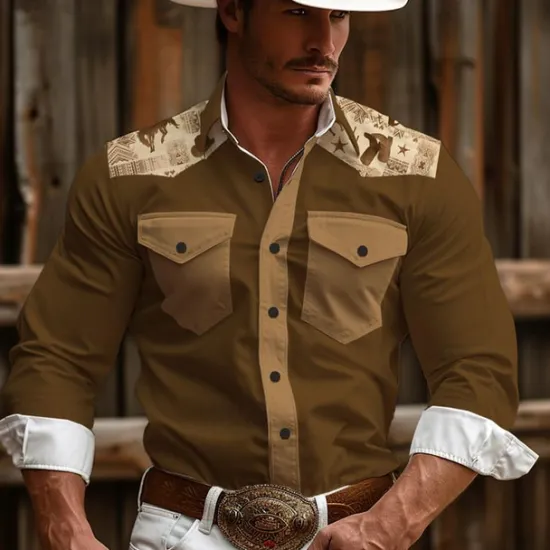 Hot OUKU Men's Aztec Tribal Ethnic Western Shirt Cowboy Shirt Long Sleeve Vintage Western Style Daily Wear Going out Weekend Spring & Summer Turndown Pocket Print Button-Down Navy Blue Brown Coffee