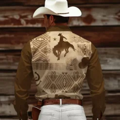 Hot OUKU Men's Aztec Tribal Ethnic Western Shirt Cowboy Shirt Long Sleeve Vintage Western Style Daily Wear Going out Weekend Spring & Summer Turndown Pocket Print Button-Down Navy Blue Brown Coffee