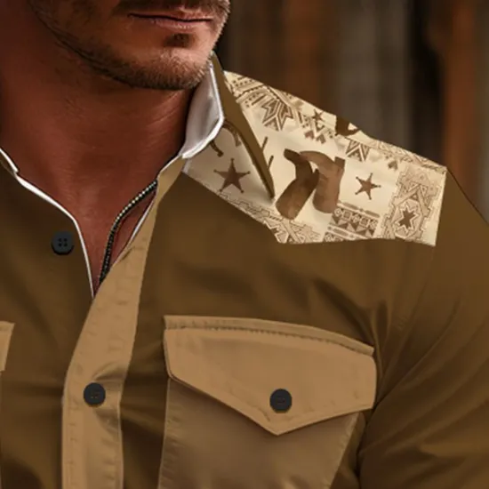 Hot OUKU Men's Aztec Tribal Ethnic Western Shirt Cowboy Shirt Long Sleeve Vintage Western Style Daily Wear Going out Weekend Spring & Summer Turndown Pocket Print Button-Down Navy Blue Brown Coffee