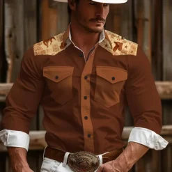 Hot OUKU Men's Aztec Tribal Ethnic Western Shirt Cowboy Shirt Long Sleeve Vintage Western Style Daily Wear Going out Weekend Spring & Summer Turndown Pocket Print Button-Down Navy Blue Brown Coffee