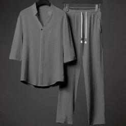 Discount OUKU Men's Band Collar Shirt 2 Piece Shirt Set Summer Set Matching Sets Beach Wear Black White Gray Half Sleeve Solid Colored Collar Outdoor Street Drawstring Clothing Apparel Polyester Comfortable Loose