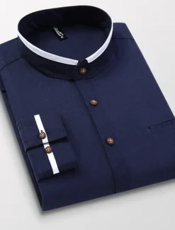 Hot OUKU Men's Band Collar Shirt Dress Shirt Oxford Shirt Wedding Daily Wear White Navy Blue Gray Light Blue Long Sleeve Standing Collar All Seasons Clothing Apparel