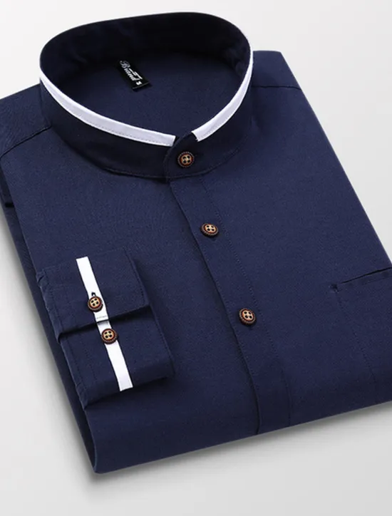 Hot OUKU Men's Band Collar Shirt Dress Shirt Oxford Shirt Wedding Daily Wear White Navy Blue Gray Light Blue Long Sleeve Standing Collar All Seasons Clothing Apparel