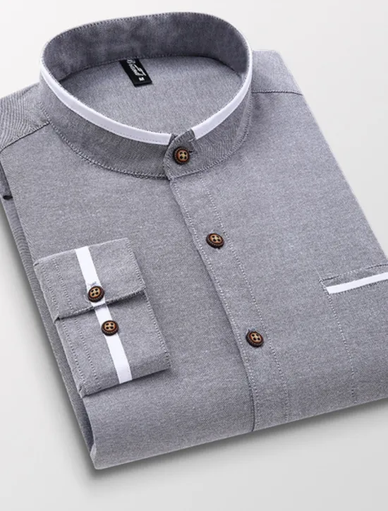 Hot OUKU Men's Band Collar Shirt Dress Shirt Oxford Shirt Wedding Daily Wear White Navy Blue Gray Light Blue Long Sleeve Standing Collar All Seasons Clothing Apparel