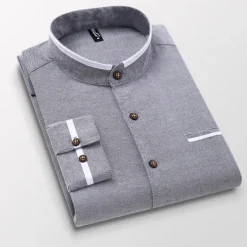 Clearance OUKU Men's Band Collar Shirt Dress Shirt Oxford Shirt Solid / Plain Color Wedding White Blue Gray Light Blue Long Sleeve Standing Collar Spring & Fall Clothing Apparel