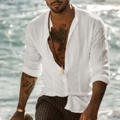 Sale OUKU Men's Band Collar Shirt Summer Shirt Beach Wear Button Up Shirt Solid Color Vacation Curise Black White Gray Light Blue Long Sleeve Henley Spring & Fall Clothing Apparel Button-Down