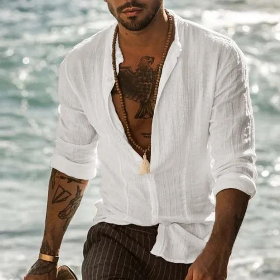 Sale OUKU Men's Band Collar Shirt Summer Shirt Beach Wear Button Up Shirt Solid Color Vacation Curise Black White Gray Light Blue Long Sleeve Henley Spring & Fall Clothing Apparel Button-Down