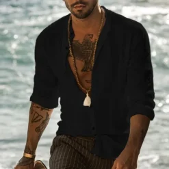 Sale OUKU Men's Band Collar Shirt Summer Shirt Beach Wear Button Up Shirt Solid Color Vacation Curise Black White Gray Light Blue Long Sleeve Henley Spring & Fall Clothing Apparel Button-Down