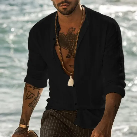 Sale OUKU Men's Band Collar Shirt Summer Shirt Beach Wear Button Up Shirt Solid Color Vacation Curise Black White Gray Light Blue Long Sleeve Henley Spring & Fall Clothing Apparel Button-Down