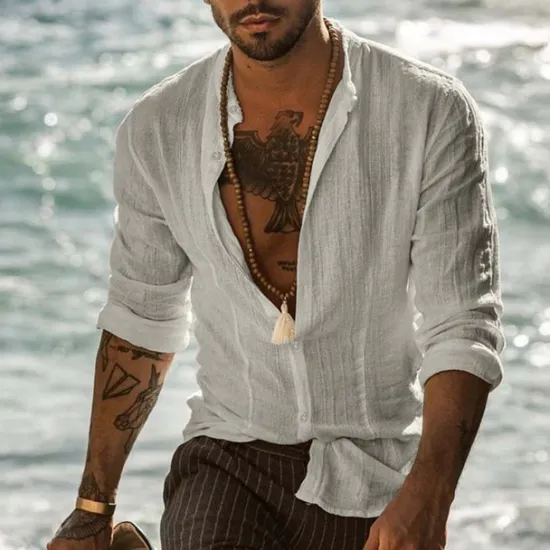 Sale OUKU Men's Band Collar Shirt Summer Shirt Beach Wear Button Up Shirt Solid Color Vacation Curise Black White Gray Light Blue Long Sleeve Henley Spring & Fall Clothing Apparel Button-Down