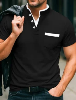 Online OUKU Men's Banded Collar Shirt Short Sleeve V Neck Notched Summer Spring Plain Fashion Basic Modern Buttons Fake two piece Street Casual Daily Black White Navy Blue Top Tee for Men