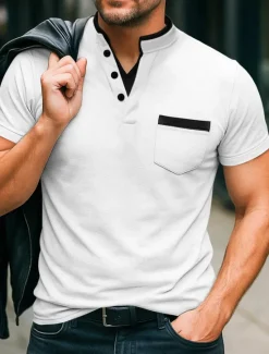 Online OUKU Men's Banded Collar Shirt Short Sleeve V Neck Notched Summer Spring Plain Fashion Basic Modern Buttons Fake two piece Street Casual Daily Black White Navy Blue Top Tee for Men