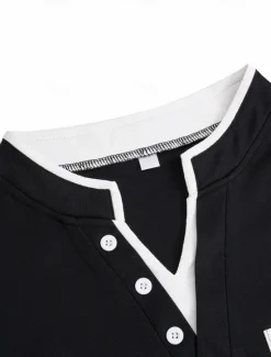 Online OUKU Men's Banded Collar Shirt Short Sleeve V Neck Notched Summer Spring Plain Fashion Basic Modern Buttons Fake two piece Street Casual Daily Black White Navy Blue Top Tee for Men