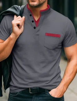 Online OUKU Men's Banded Collar Shirt Short Sleeve V Neck Notched Summer Spring Plain Fashion Basic Modern Buttons Fake two piece Street Casual Daily Black White Navy Blue Top Tee for Men