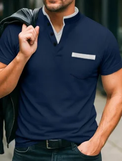 Online OUKU Men's Banded Collar Shirt Short Sleeve V Neck Notched Summer Spring Plain Fashion Basic Modern Buttons Fake two piece Street Casual Daily Black White Navy Blue Top Tee for Men