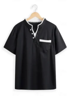 Online OUKU Men's Banded Collar Shirt Short Sleeve V Neck Notched Summer Spring Plain Fashion Basic Modern Buttons Fake two piece Street Casual Daily Black White Navy Blue Top Tee for Men