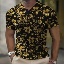Online OUKU Men's Baroque Waffle Polo Shirts Golf Shirt Short Sleeve Polo Shirts Collared Shirts Vacation Wear Party Outfits Buttons 3D Print Summer Spring Black