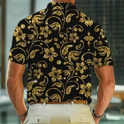 Online OUKU Men's Baroque Waffle Polo Shirts Golf Shirt Short Sleeve Polo Shirts Collared Shirts Vacation Wear Party Outfits Buttons 3D Print Summer Spring Black